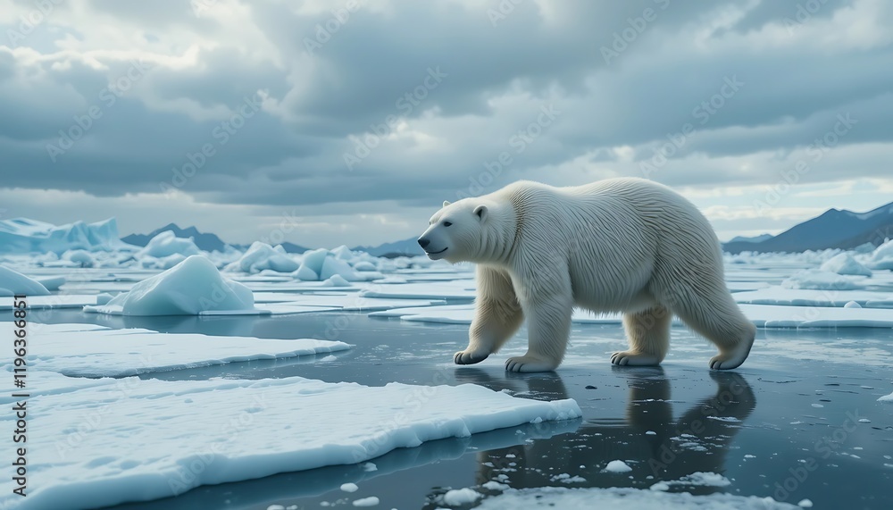 Majestic Polar Bear Walking on Melting Arctic Ice Floes in a Dramatic Landscape Majestic Polar Bear Walking on Melting Arctic Ice Floes in a Dramatic Landscape