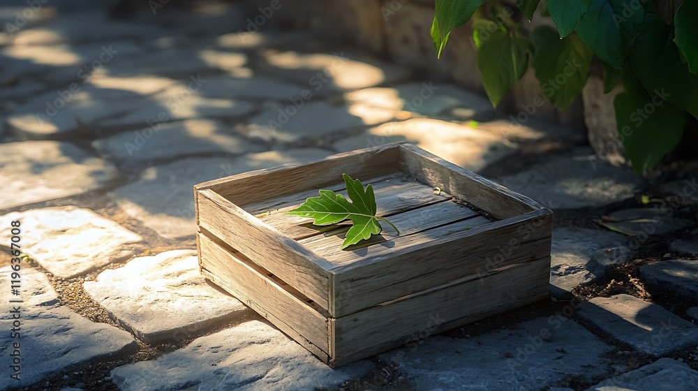 A wooden crate with a green leaf on a sunlit stone patio