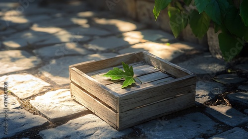 Obraz na płótnie A wooden crate with a green leaf on a sunlit stone patio w salonie