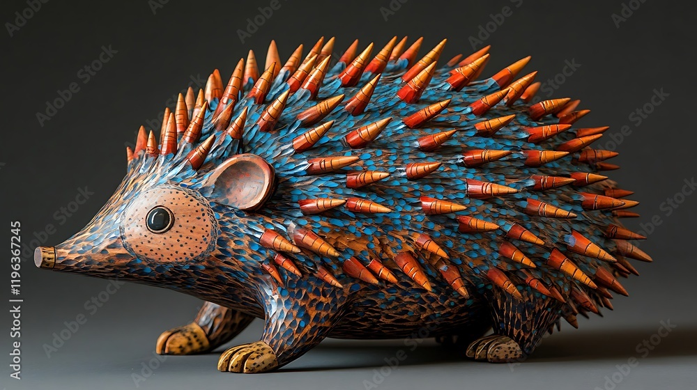 A wooden hedgehog with painted spines