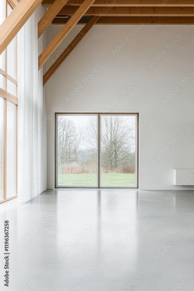 Modern interior with large windows overlooking a serene outdoor landscape in a minimalist space Modern interior with large windows overlooking a serene outdoor landscape in a minimalist space