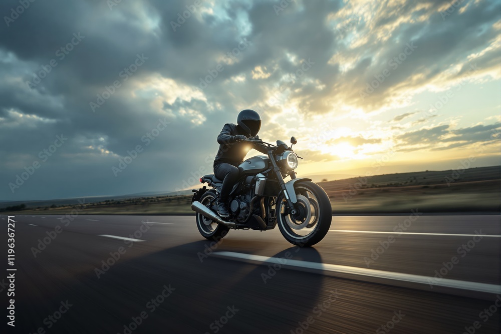 Naklejka premium Motorcyclist riding on an open highway at sunset, dynamic motion against a scenic countryside background.