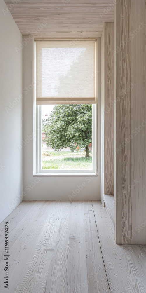 Fototapeta premium Bright interior space with minimalist design and natural light highlighting the outside greenery