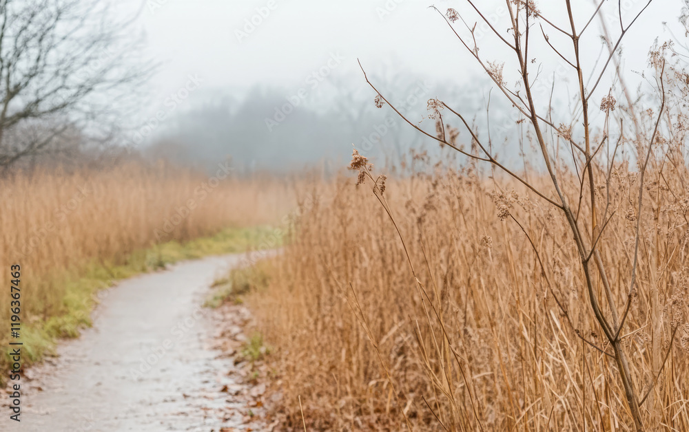 Fototapeta premium Serene path through tall grass on a foggy morning in nature reserve