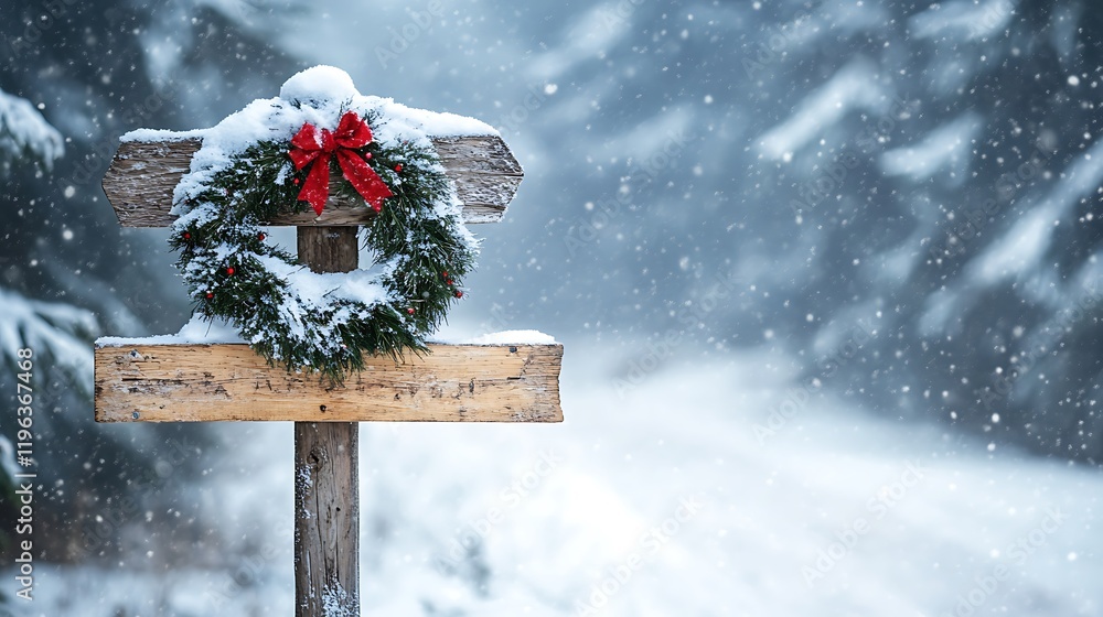 A wooden signpost coated in snow with a gently reflected christmas wreath