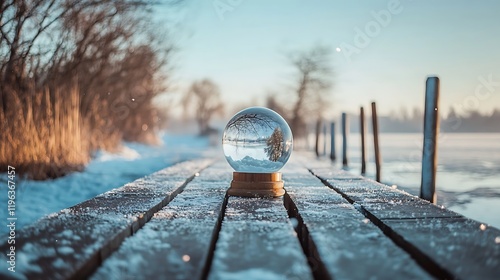 A wooden pier with a snow globe above a frozen lake
