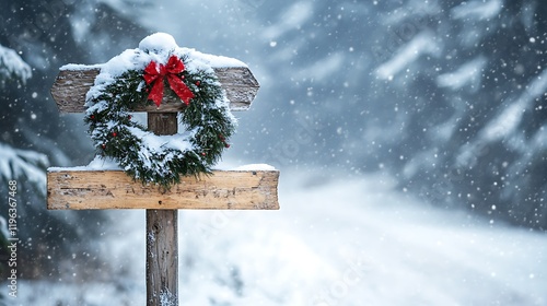 Obraz na płótnie A wooden signpost coated in snow with a gently reflected christmas wreath w salonie