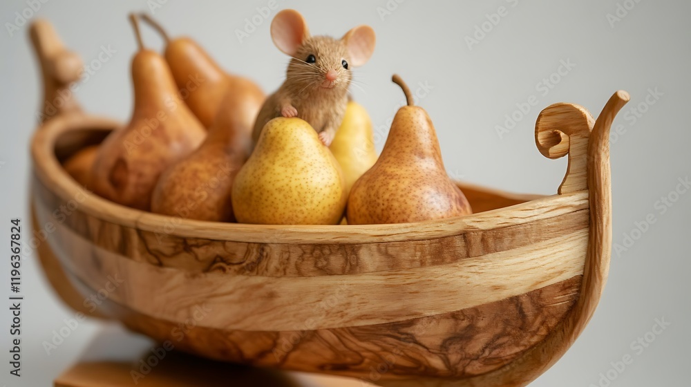 A wooden toy boat with a mouse and pears