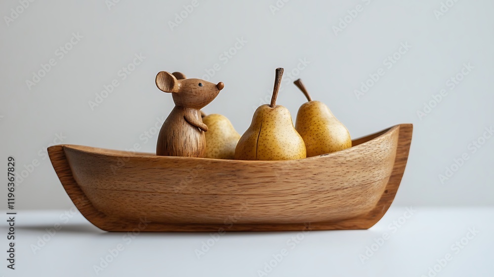 A wooden toy boat with a mouse and pears