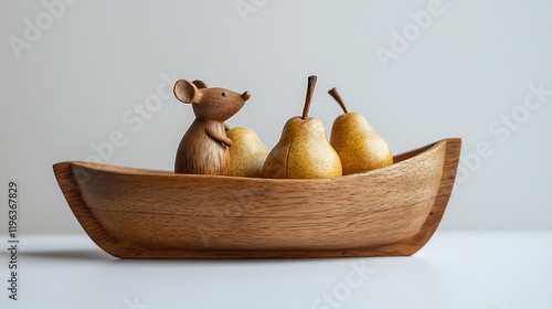 Obraz na płótnie A wooden toy boat with a mouse and pears w salonie