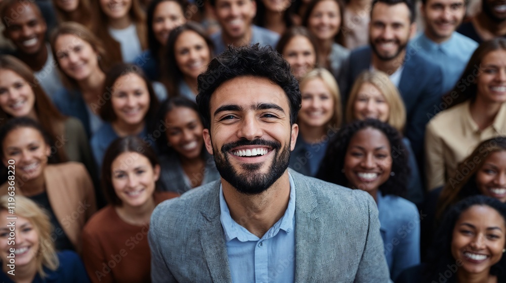 Diverse group of people smiling with charismatic male leader in center. Ideal for team success, leadership, or workplace diversity content. Diverse group of people smiling with charismatic male leader in center. Ideal for team success, leadership, or workplace diversity content.