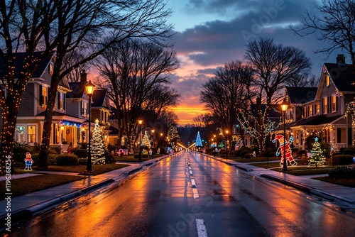 Festive neighborhood street with colorful Christmas lights and decorations at sunset.
