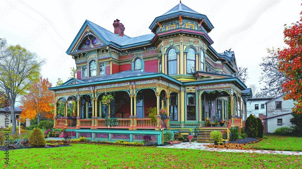 Fototapeta premium A colorful Victorian-style house with intricate architectural details.