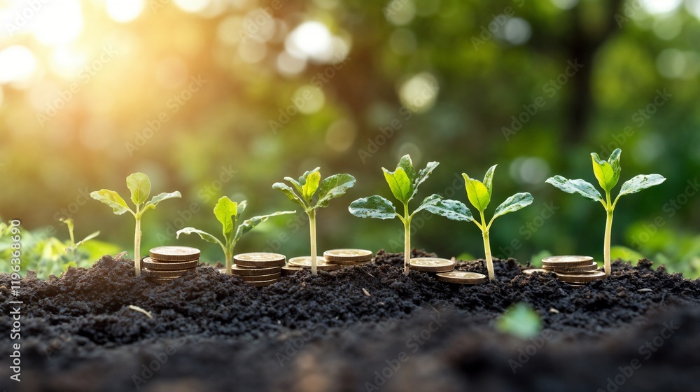 Young plants growing in sequence from soil. Great for growth, progress, or development concept imagery. Young plants growing in sequence from soil. Great for growth, progress, or development concept imagery.