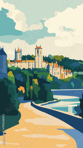 Retro French Landscape Poster: Poitiers Nouvelle-Aquitaine Minimalist Vector Art