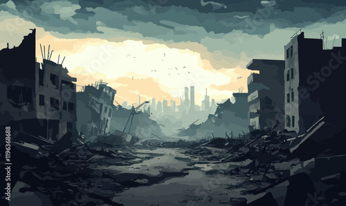 Post-Apocalyptic Ruined Cityscape After War Destruction Vector Art