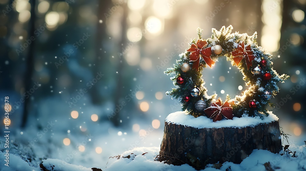 A wreath on a snowy tree stump embellished with glittering decorations