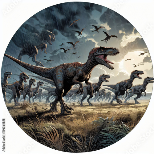 art of Velociraptor pack hunting in the open plains under a stormy sky, digital comics style, highly detailed, masterpiece, no word or alphabet. Tshirt design dinosaur. Dinosaur thsirt design comic photo