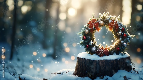 Obraz na płótnie A wreath on a snowy tree stump embellished with glittering decorations w salonie