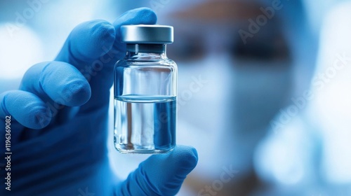Blue-tinted vaccine vial in gloved hand, modern medical research concept, pharmaceutical innovation and development