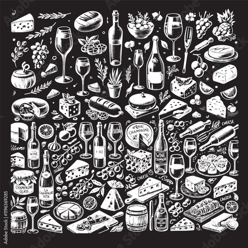 chalk food illustrations, wedding dinner icons, wine or champagne glass, cheese, and charcuterie drawings for wedding invitations, cafe menus, and parties. La dolce vita italian sketch style.