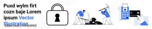 Diverse elements include workers repairing a broken link, lock symbol, keypad for code entry, card reader. Ideal for cybersecurity, data protection, card security, lock system, repair services