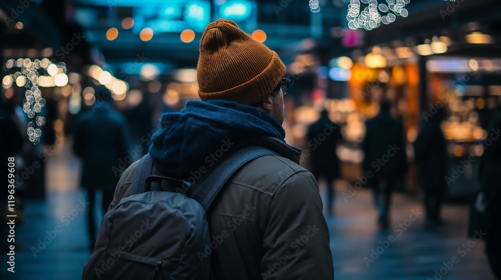 Person with backpack in crowded night market. Perfect for urban lifestyle, travel, or city exploration content. Person with backpack in crowded night market. Perfect for urban lifestyle, travel, or city exploration content.