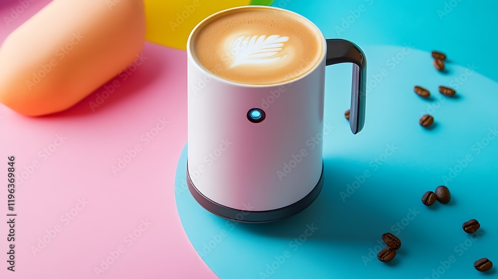 An electric milk frother beside a cup of cappuccino isolated on a colorful background