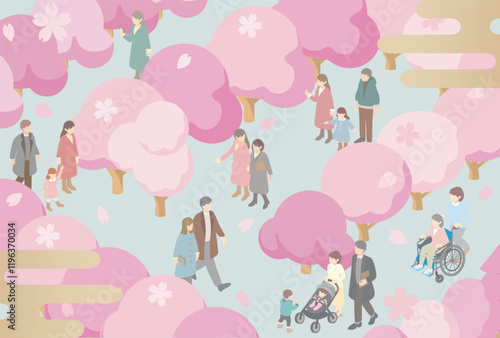 アイソメトリック　人物　家族　子供　ファミリー　キッズ　春　お花見　さくら　桜　イラスト素材
