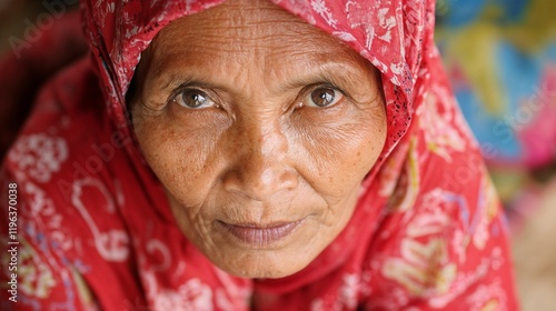 Senior woman in traditional red hijab. Great for cultural diversity, aging dignity, or religious respect content.