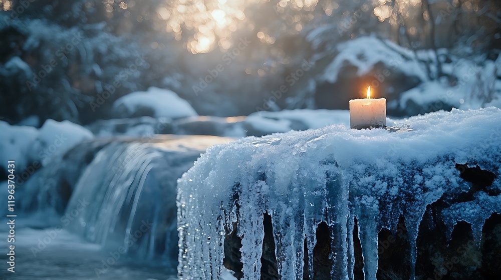 An icy waterfall with a light christmas candle perched on a snow covered rock