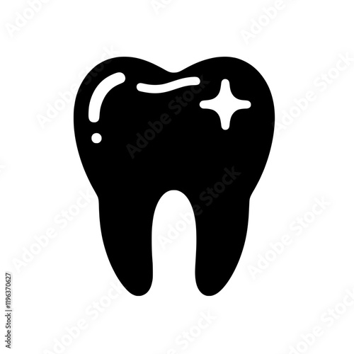 Shining Smile Icon: A bold black silhouette of a single tooth with a sparkling gleam, symbolizing dental hygiene, oral care, and a healthy smile.