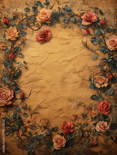Medieval Love-Themed Vintage Parchment Illustration with Flowers and Romantic Details