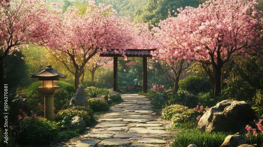 Cherry blossom archway leading to a peaceful garden with stone pathways Cherry blossom archway leading to a peaceful garden with stone pathways