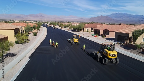 Road construction crew paving a new asphalt road in a residential area with mountains in the background.