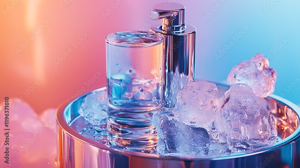 An isolated view of a polished ice pump and tray against a vibrant backdrop