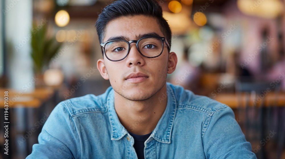 Fototapeta premium Young Asian man in casual attire with glasses. Great for modern professional, urban lifestyle, or diversity representation content.