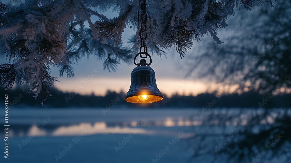 An lit christmas bell by a frozen lake dangling from a frosted tree