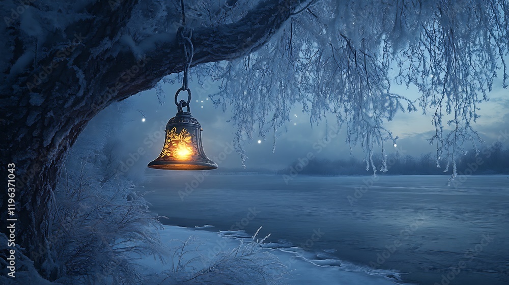 An lit christmas bell by a frozen lake dangling from a frosted tree