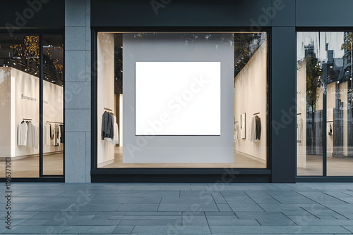 Empty storefront window mockup with white display space for ads or text photo