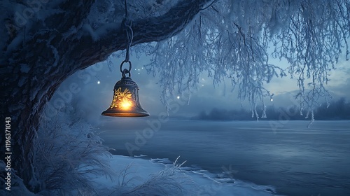 Obraz na płótnie An lit christmas bell by a frozen lake dangling from a frosted tree w salonie