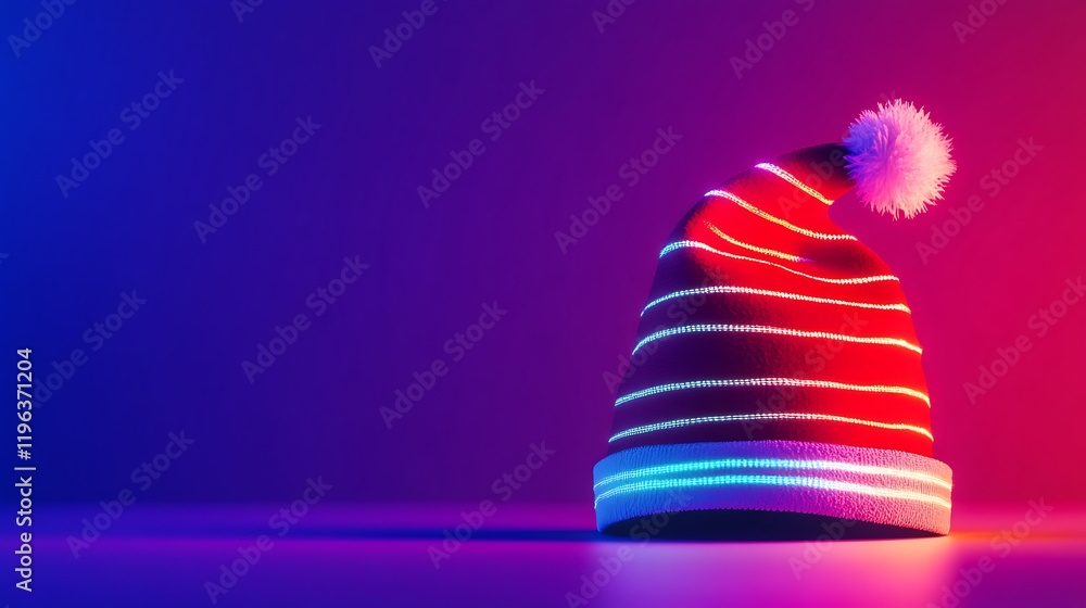An lonely modern christmas hat with neon lines against a vibrant backdrop
