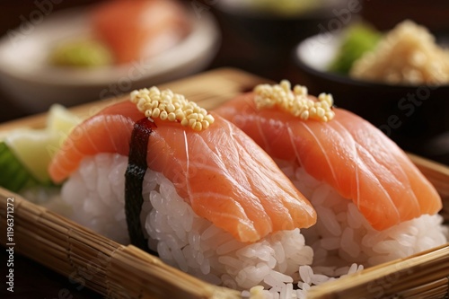 wo beautifully presented pieces of sushi, showcasing fresh salmon sashimi delicately placed atop a mound of white sushi rice.  photo