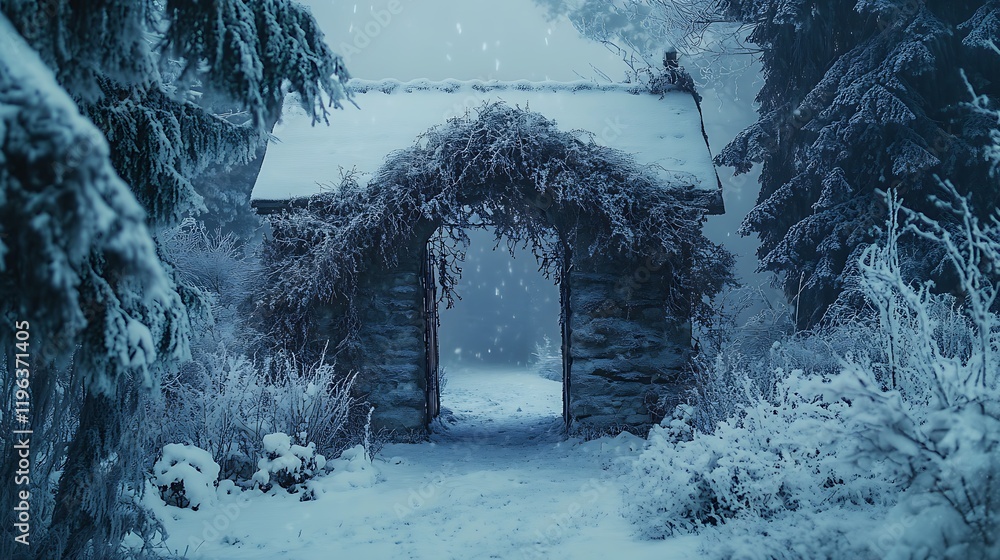 An old frosty structure was surrounded by an incredible garland