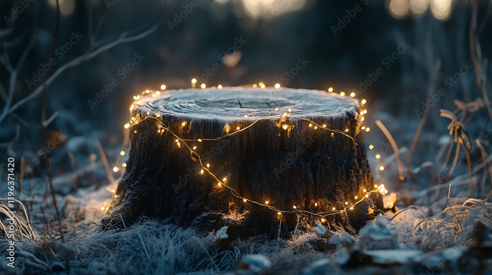 An old frosty tree stump encircled by a brilliant garland