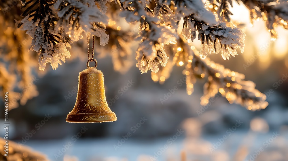 An old iced tree with a golden christmas bell dangling from it