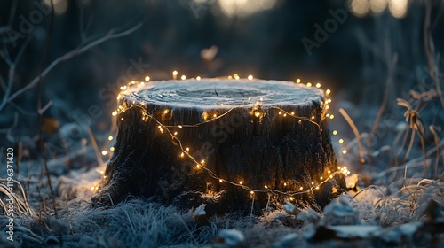 Obraz na płótnie An old frosty tree stump encircled by a brilliant garland w salonie