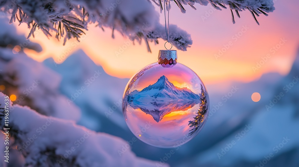 An snowy alpine peak at dawn reflected by a beautiful christmas bauble
