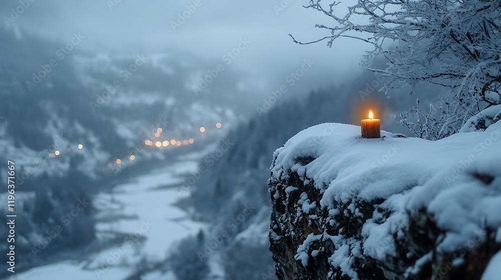 An snowy cliff with a view of a valley and a flickering christmas candle