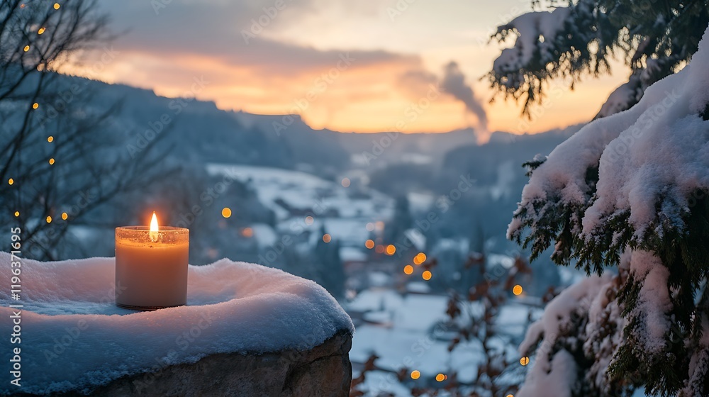 An snowy cliff with a view of a valley and a flickering christmas candle